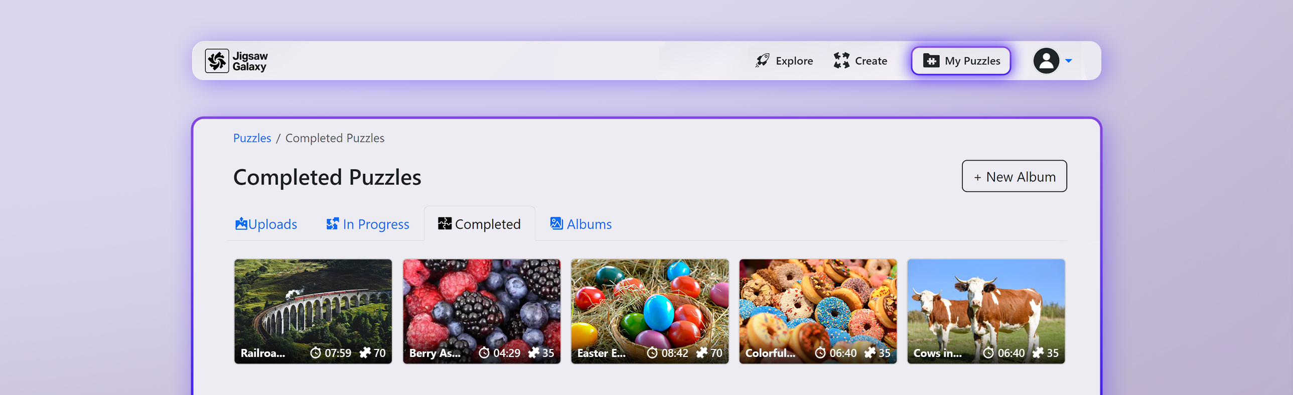 My Puzzles page with tabs and example puzzles